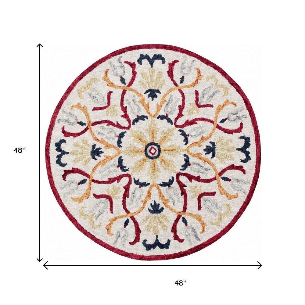 4' Round Red and Ivory Floral Filigree Area Rug