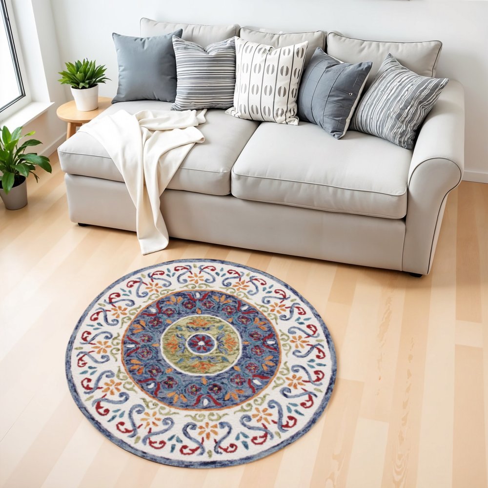4' Round Blue and White Ornate Medallion Area Rug