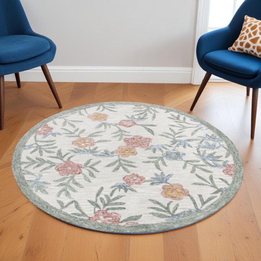 6' Ivory And Blue Round Wool Hand Hooked Handmade Area Rug