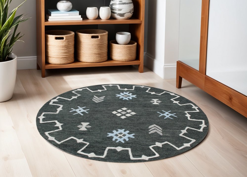 5' Charcoal Round Wool Hand Hooked Handmade Area Rug