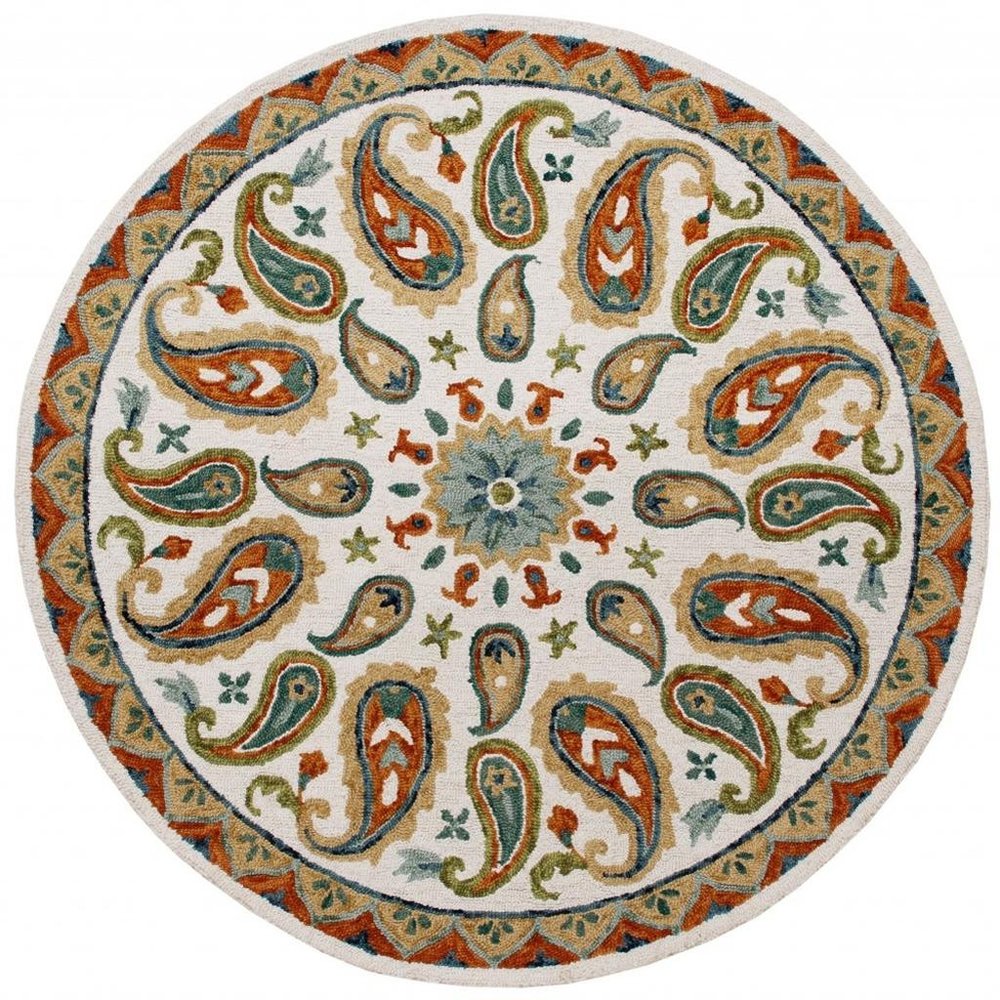 7' Round Orange and White Paisley Area Rug