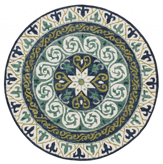 7' Round Blue and Green Ornate Medallion Area Rug