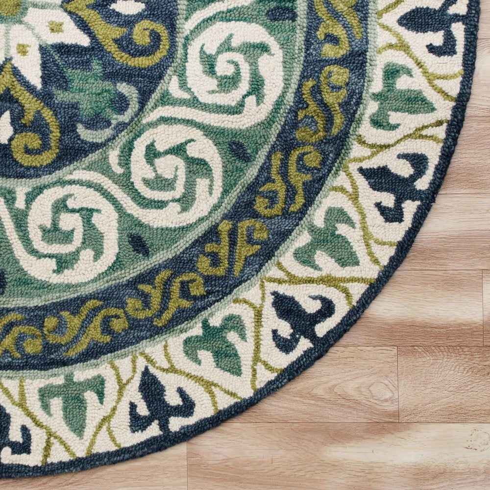 7' Round Blue and Green Ornate Medallion Area Rug