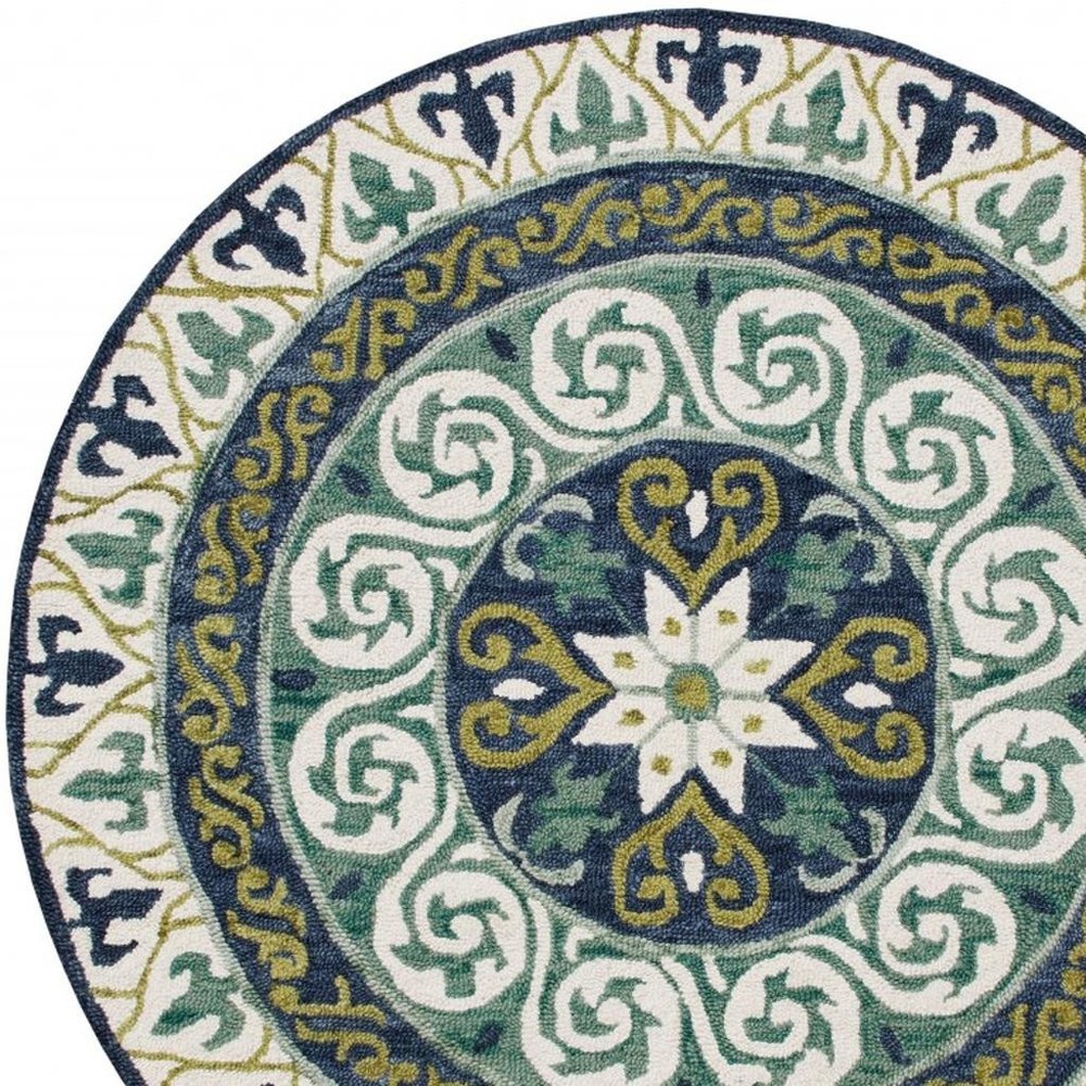 7' Round Blue and Green Ornate Medallion Area Rug
