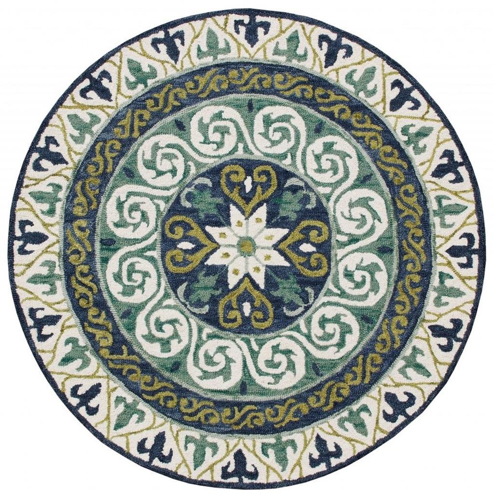 7' Round Blue and Green Ornate Medallion Area Rug