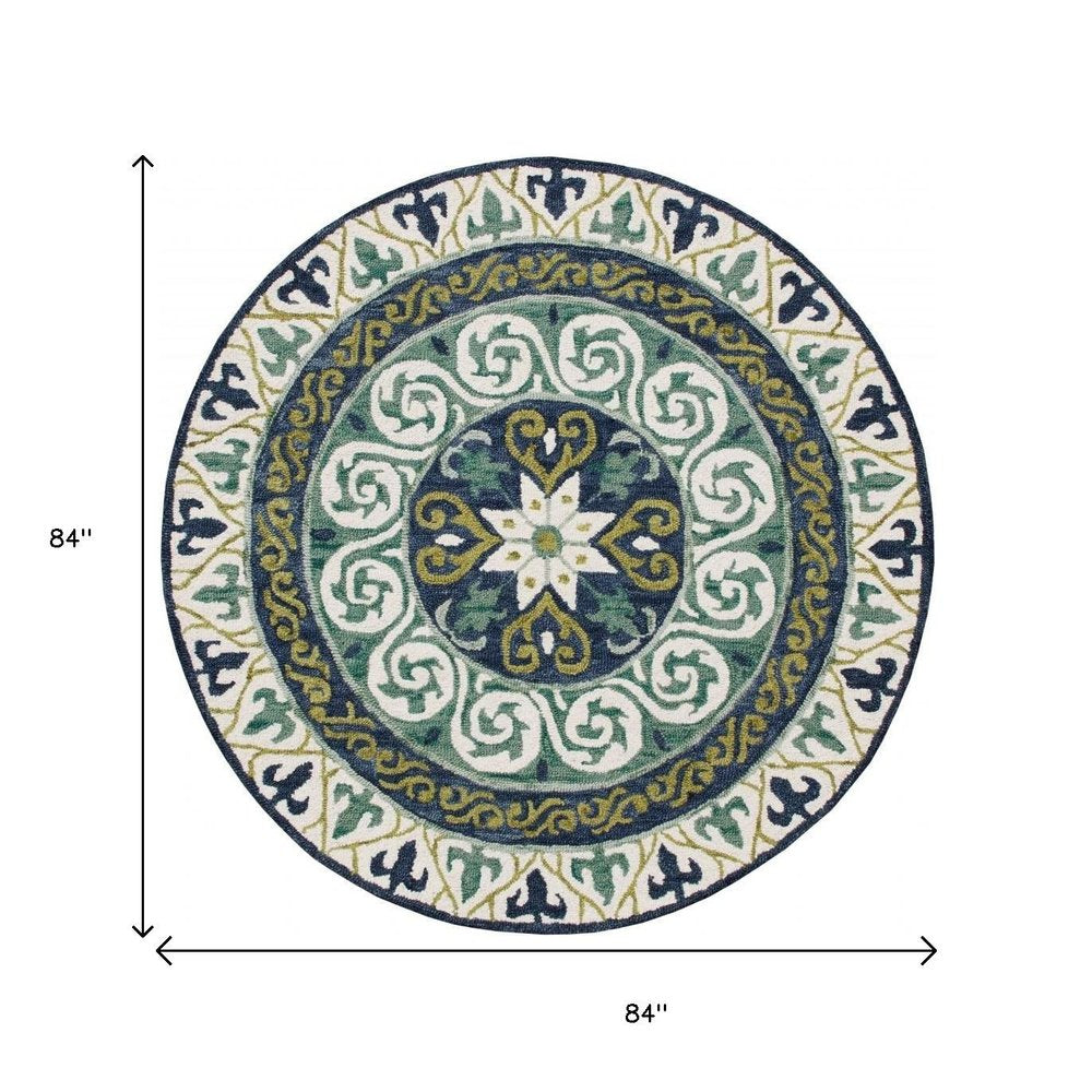 7' Round Blue and Green Ornate Medallion Area Rug