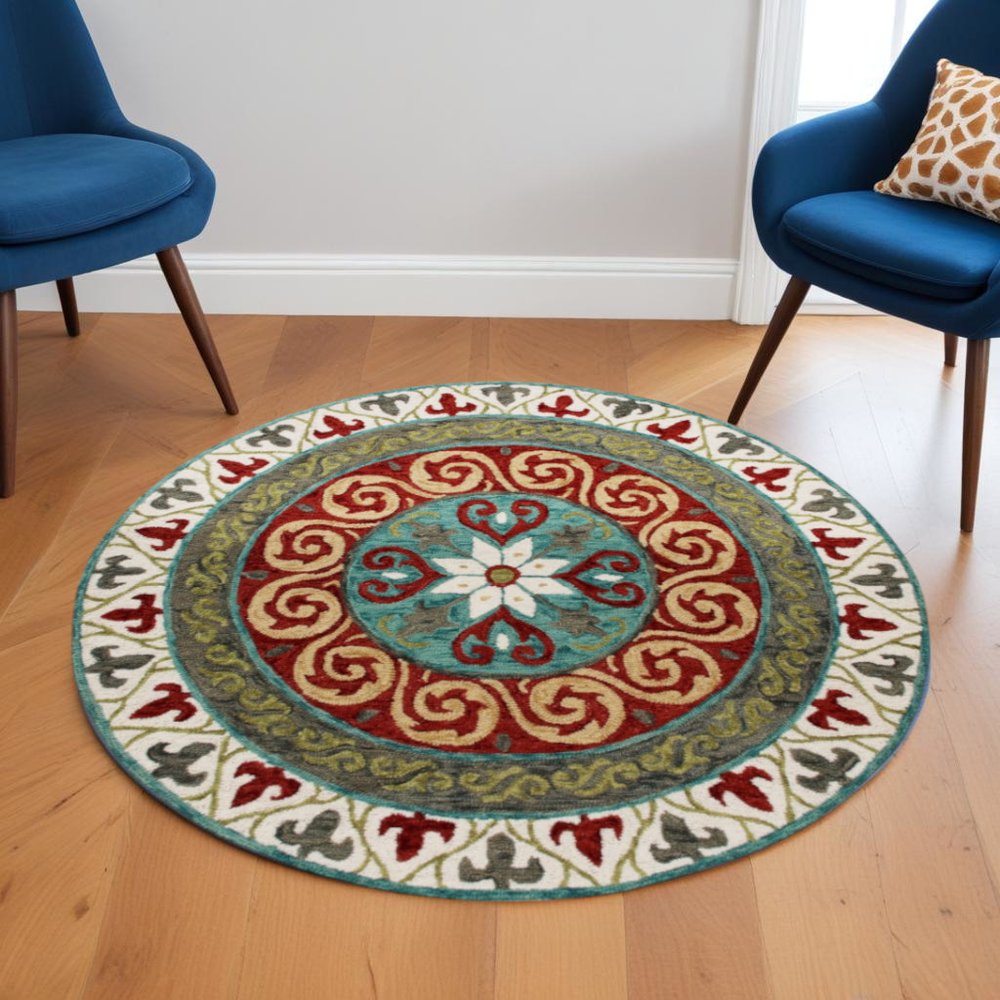 5' Round Red and Sage Medallion Area Rug