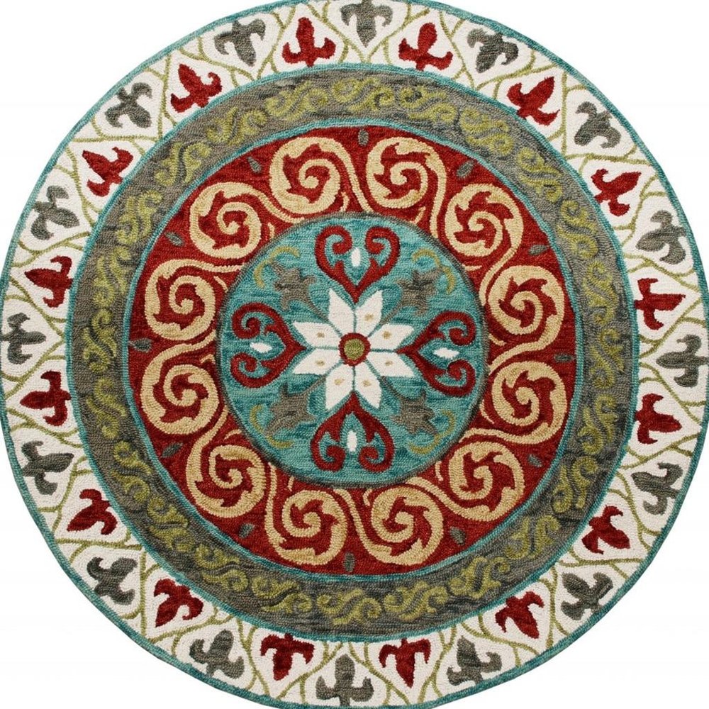 5' Round Red and Sage Medallion Area Rug