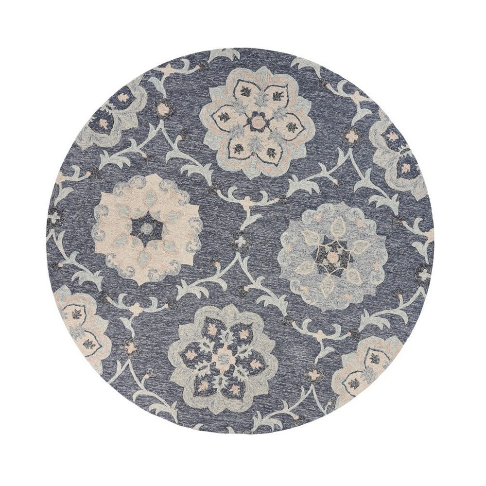 7' Blue And Gray Round Wool Hand Tufted Area Rug