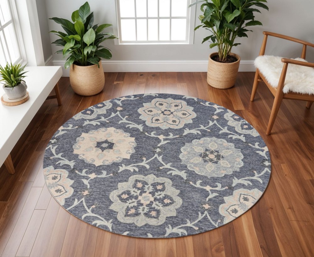 7' Blue And Gray Round Wool Hand Tufted Area Rug