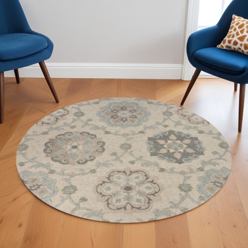 7' Blue And Ivory Round Wool Hand Tufted Area Rug