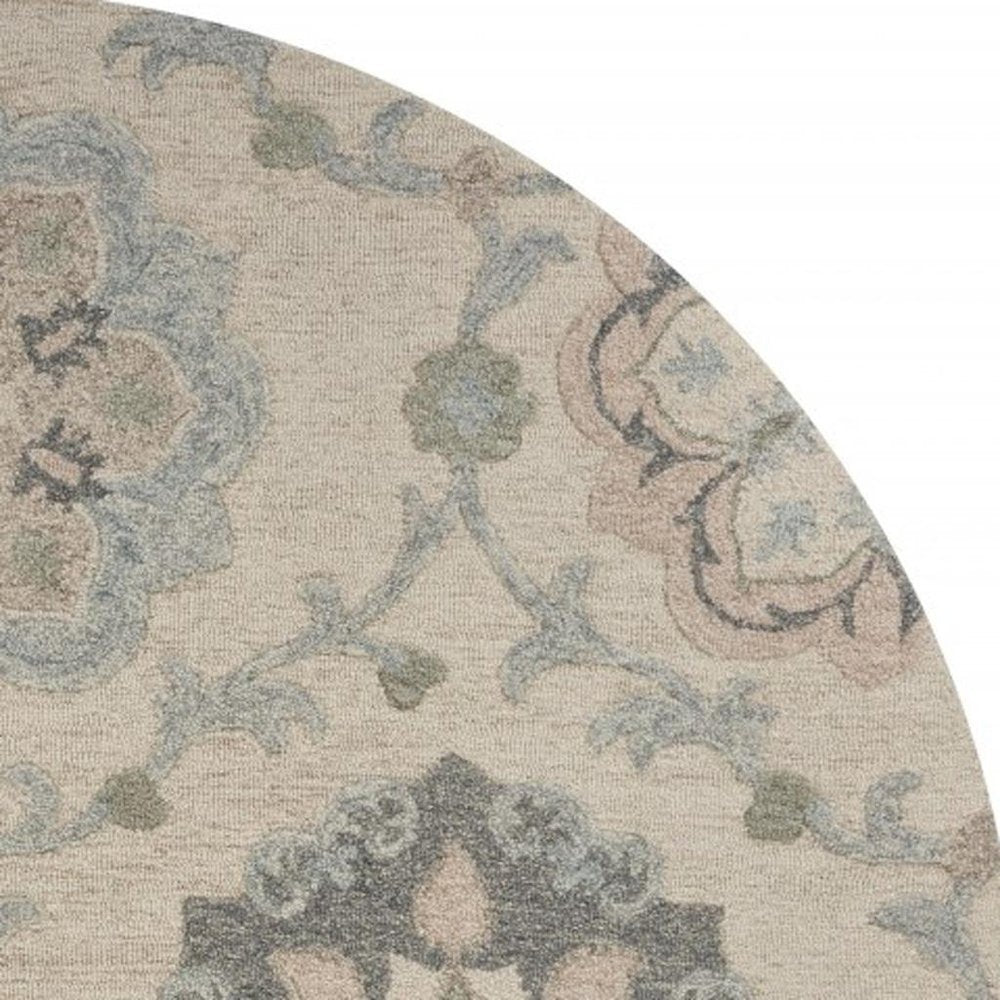 7' Blue And Ivory Round Wool Hand Tufted Area Rug