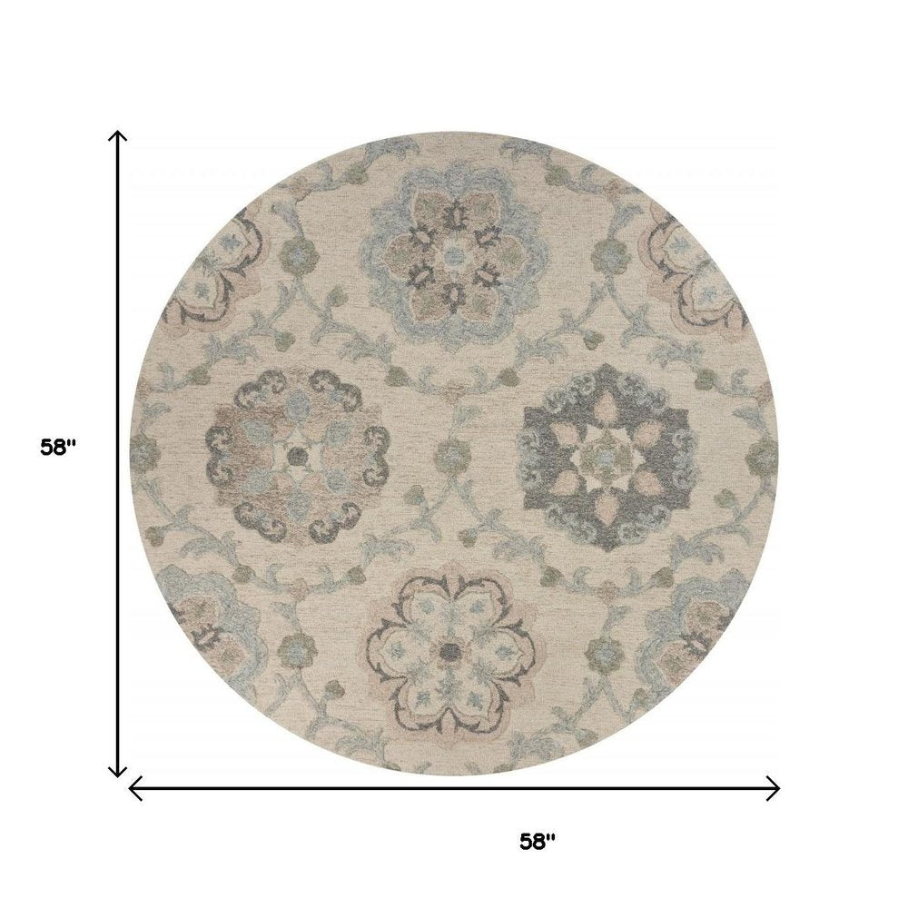 7' Blue And Ivory Round Wool Hand Tufted Area Rug