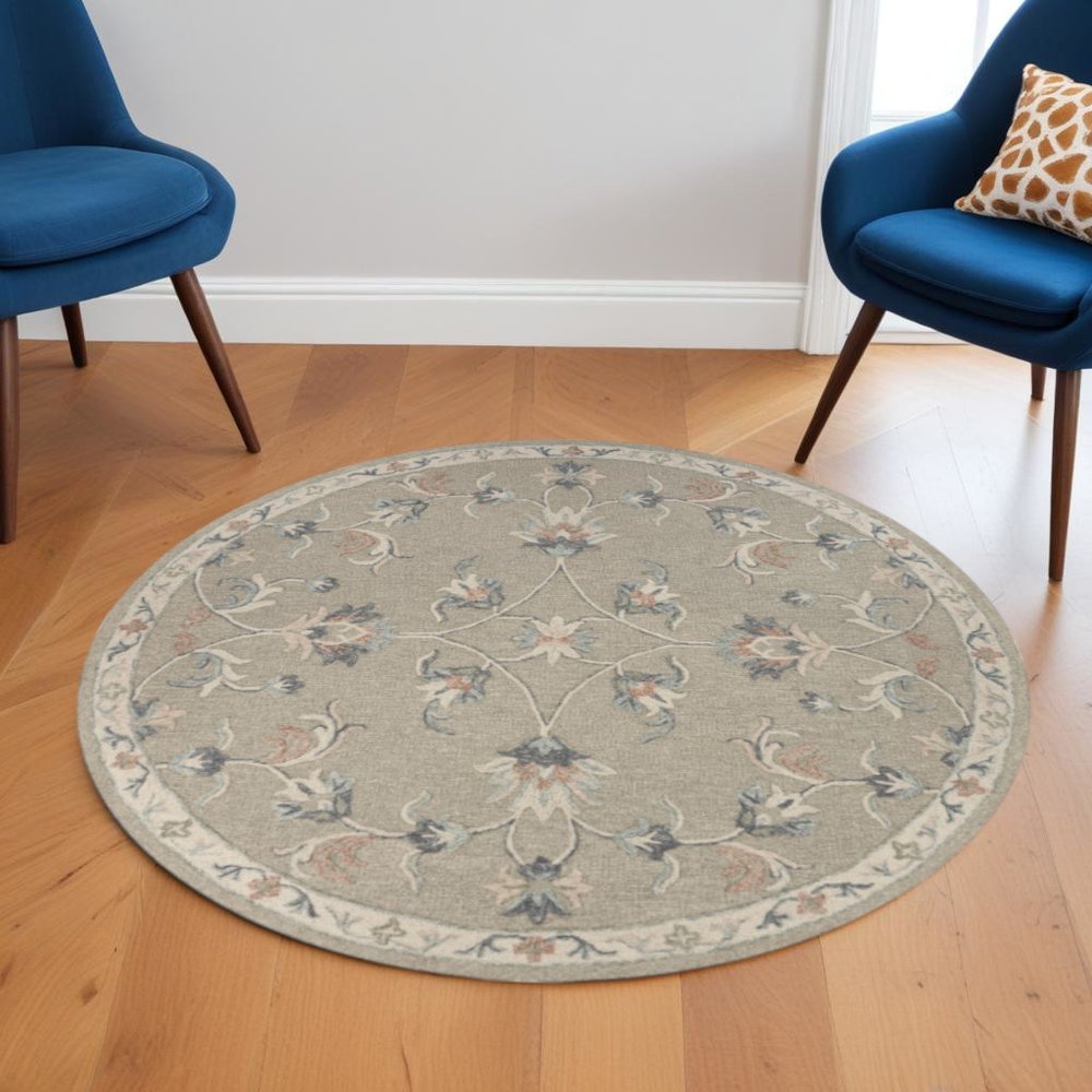 7' Gray Round Wool Hand Tufted Area Rug