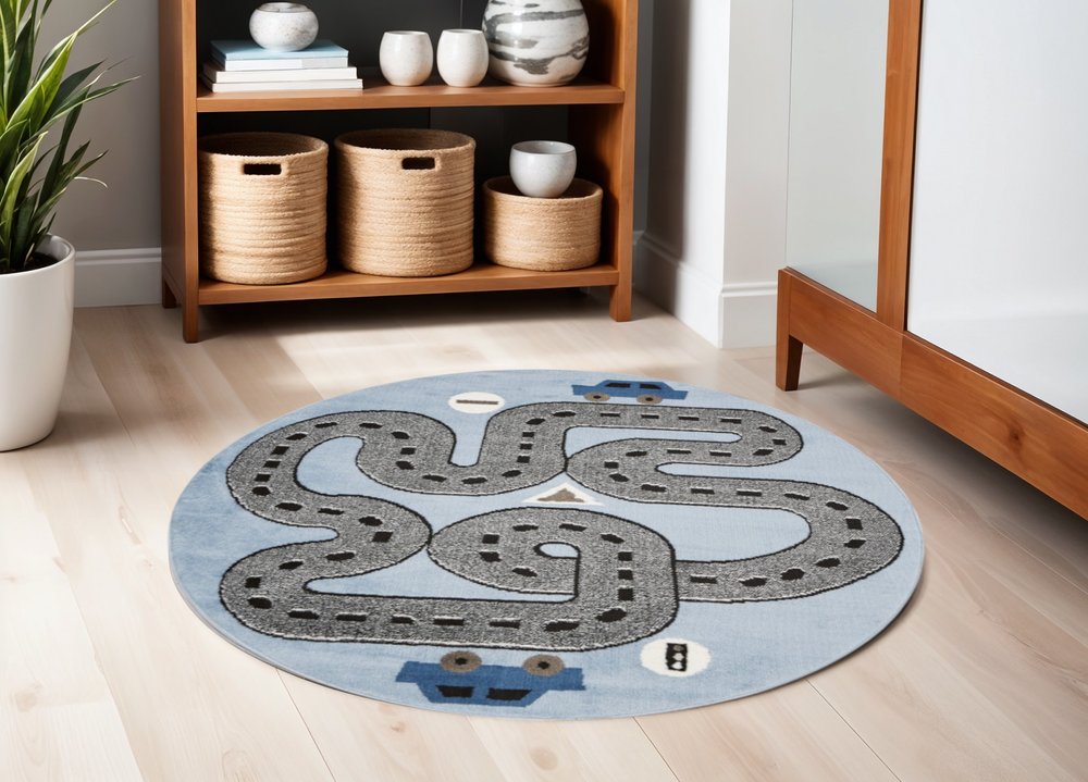 4' X 6' Blue Imaginative Racetrack Area Rug