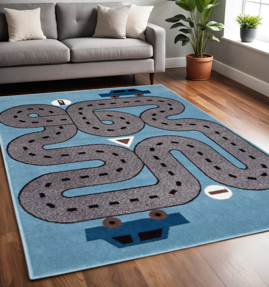 4' X 6' Blue Imaginative Racetrack Area Rug