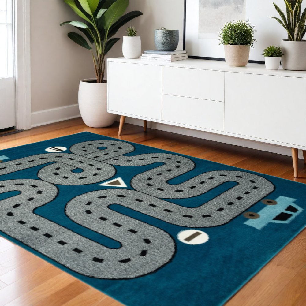 5' X 7' Navy Imaginative Racetrack Area Rug