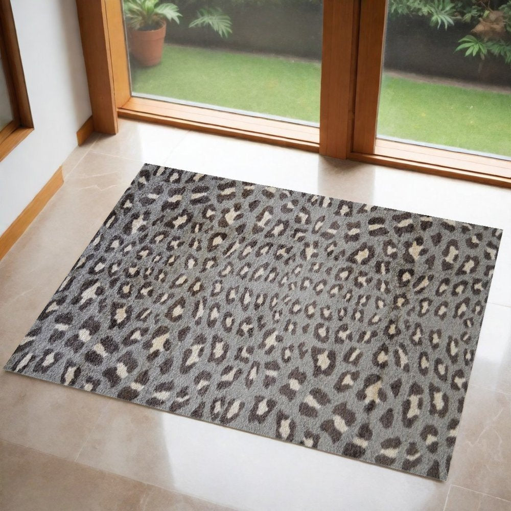 2' X 3' Gray And Ivory Animal Print Shag Area Rug