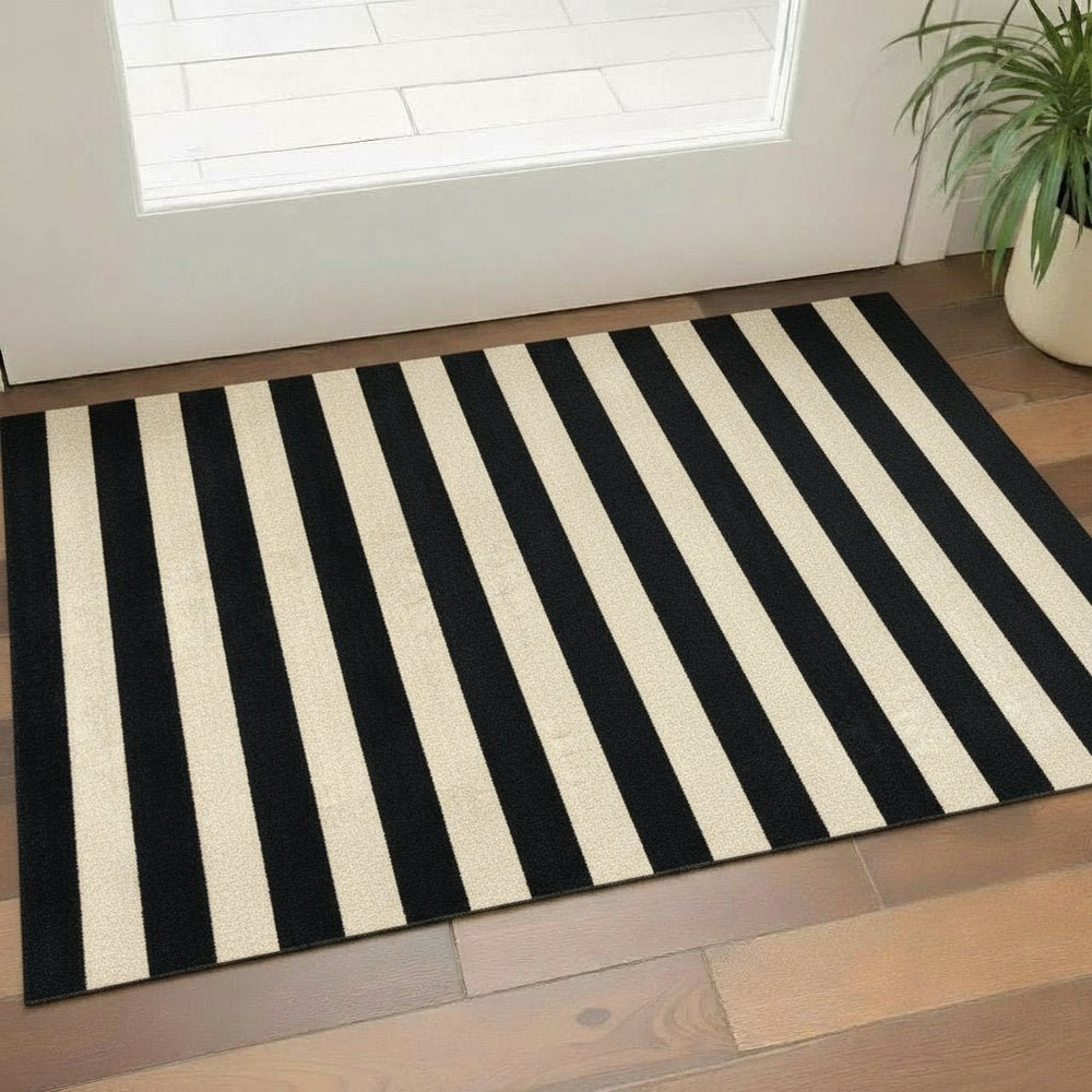 2' X 4' Black and Tan Wide Stripe Washable Floor Mat