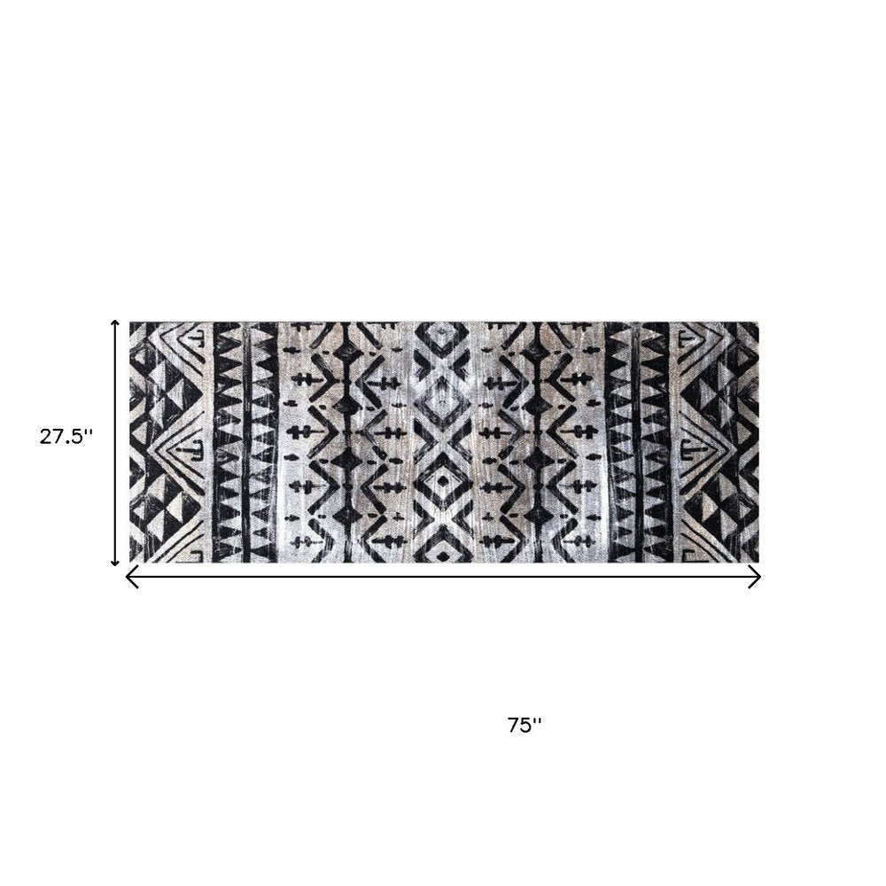 2' X 6' Black and Gray Aztec Washable Runner Rug