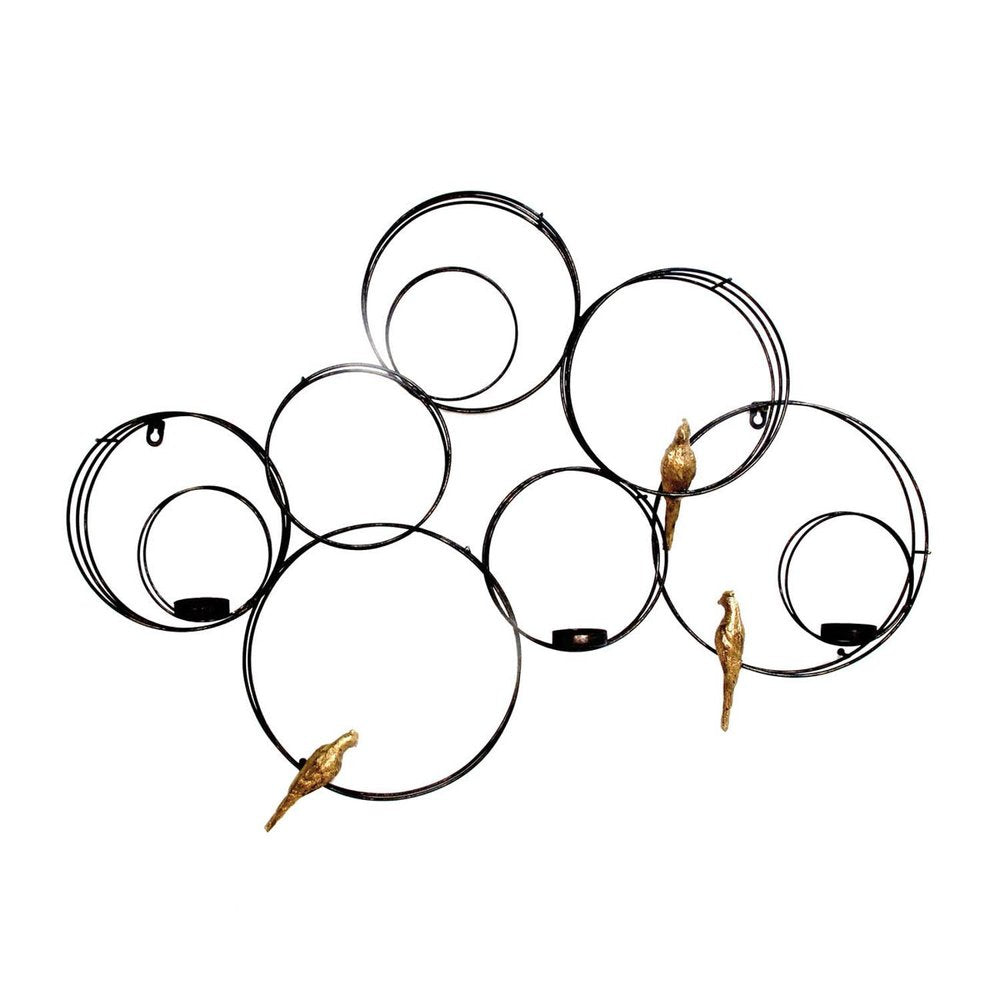 32" Black And Gold Metal Circles And Birds Hanging Sculpture With Votive Holders