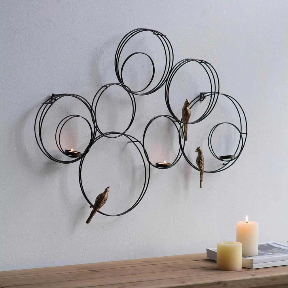 32" Black And Gold Metal Circles And Birds Hanging Sculpture With Votive Holders