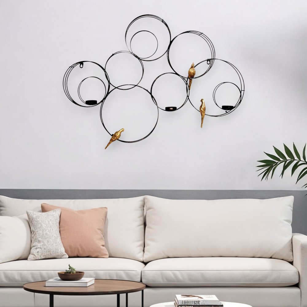 32" Black And Gold Metal Circles And Birds Hanging Sculpture With Votive Holders