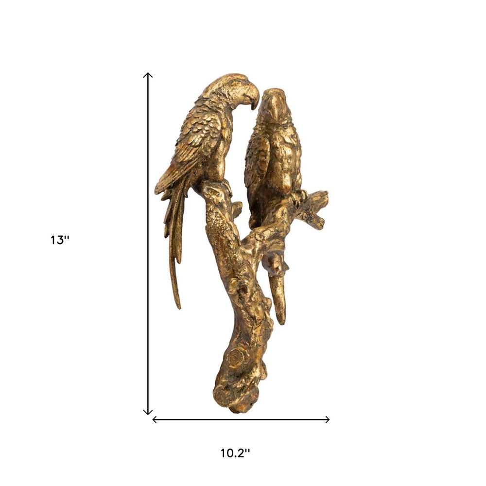 13" Antiqued Gold Parrots Hanging Dimensional Sculpture