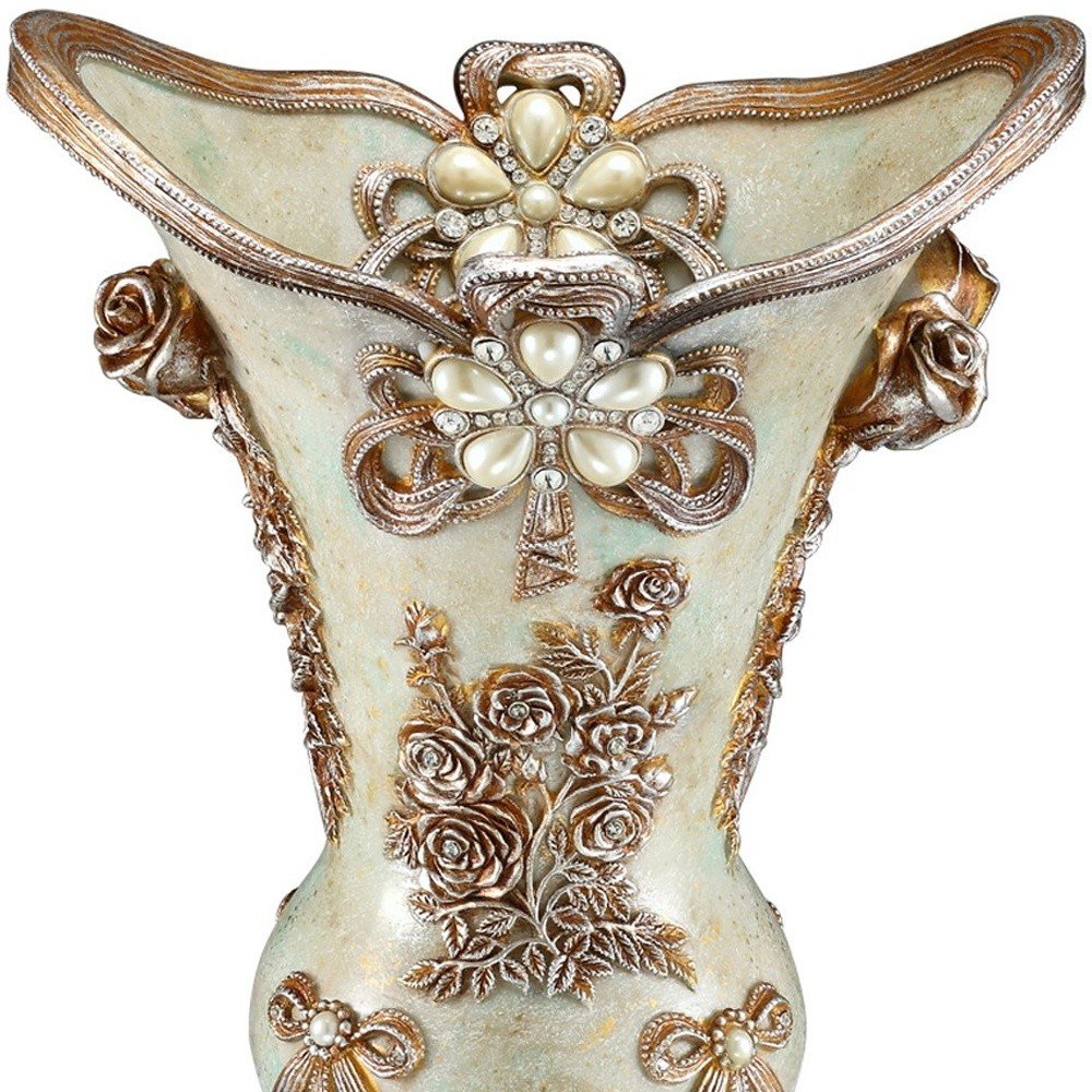 16" Green Bronze and Silver Floral Trumpet Polyresin Table Vase With Stones