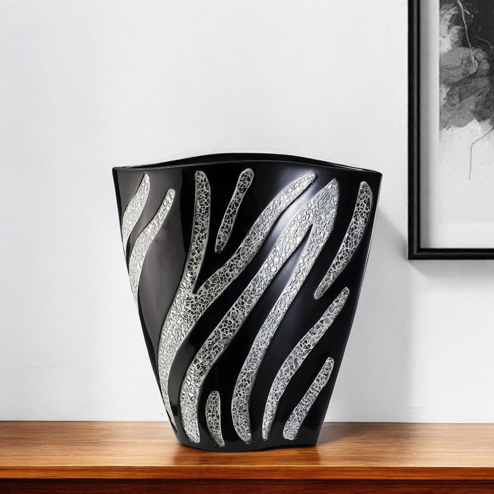 14" Black And Silver Striped Wavy Polyresin Table Vase