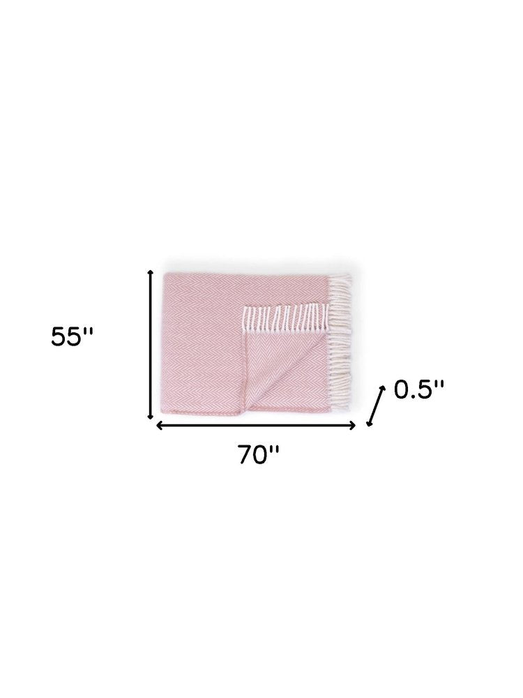70" X 55" Pink And White Cotton Blend Woven Herringbone Plush Throw Blanket with Tassels
