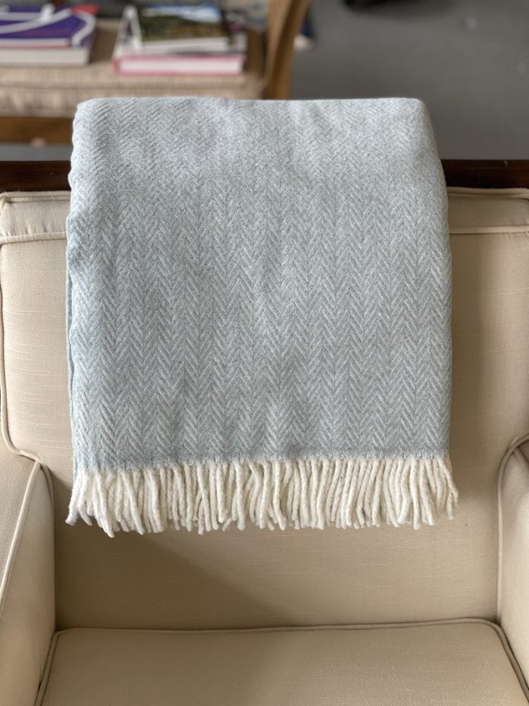 70" X 55" Sky Blue And White Cotton Blend Woven Herringbone Plush Throw Blanket with Tassels