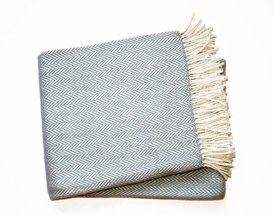 70" X 55" Sky Blue And White Cotton Blend Woven Herringbone Plush Throw Blanket with Tassels