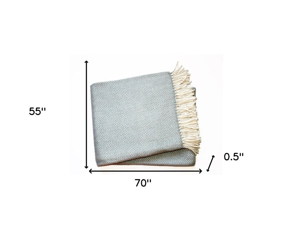 70" X 55" Sky Blue And White Cotton Blend Woven Herringbone Plush Throw Blanket with Tassels