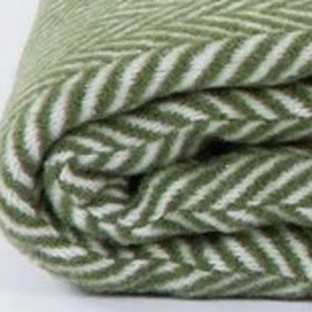 55" X 70" Moss Green And White Cotton Blend Woven Herringbone Plush Throw Blanket with Tassels