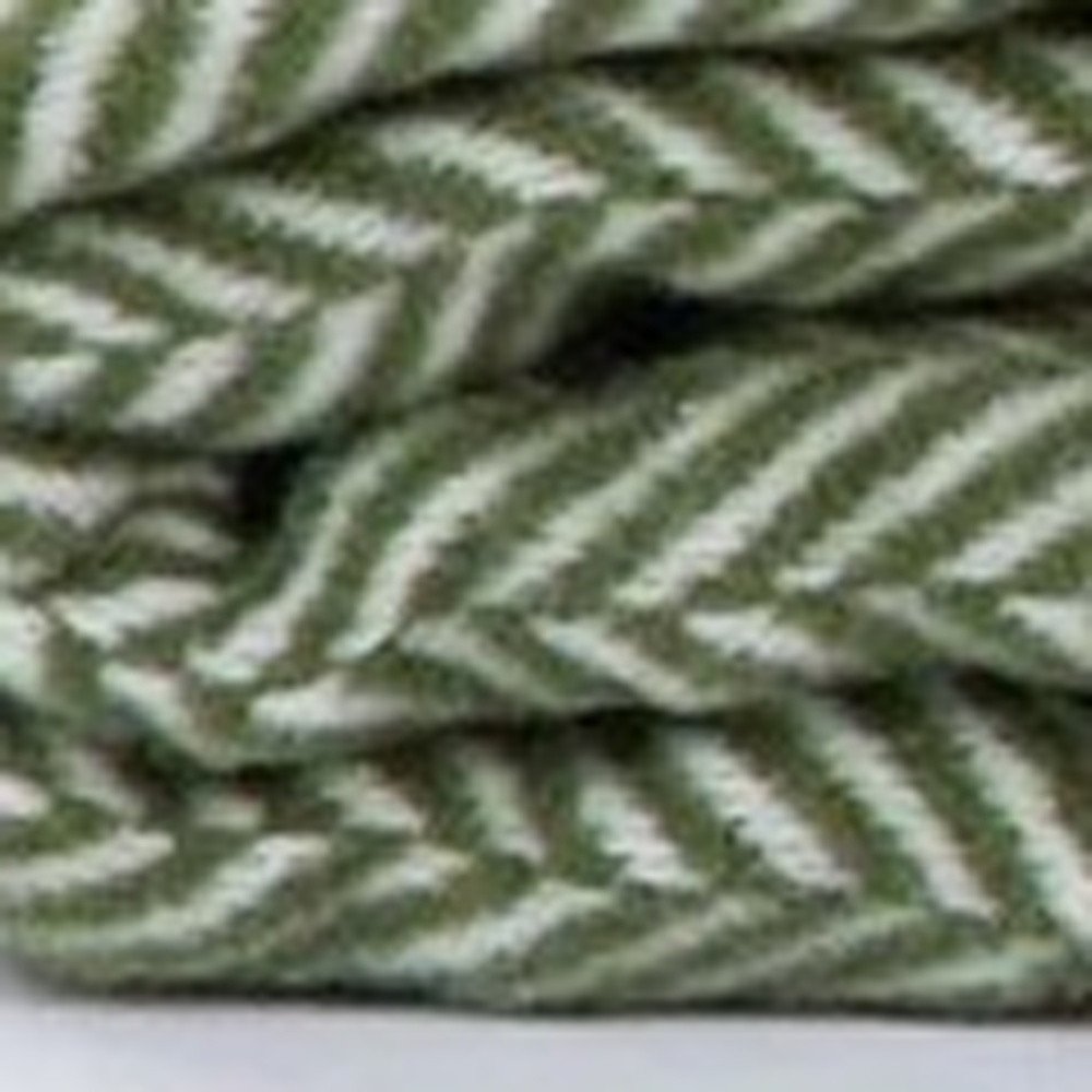 55" X 70" Moss Green And White Cotton Blend Woven Herringbone Plush Throw Blanket with Tassels