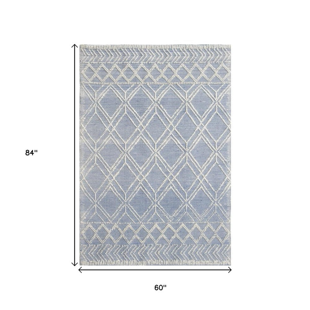 5' X 7' Blue and Ivory Geometric Handmade Area Rug