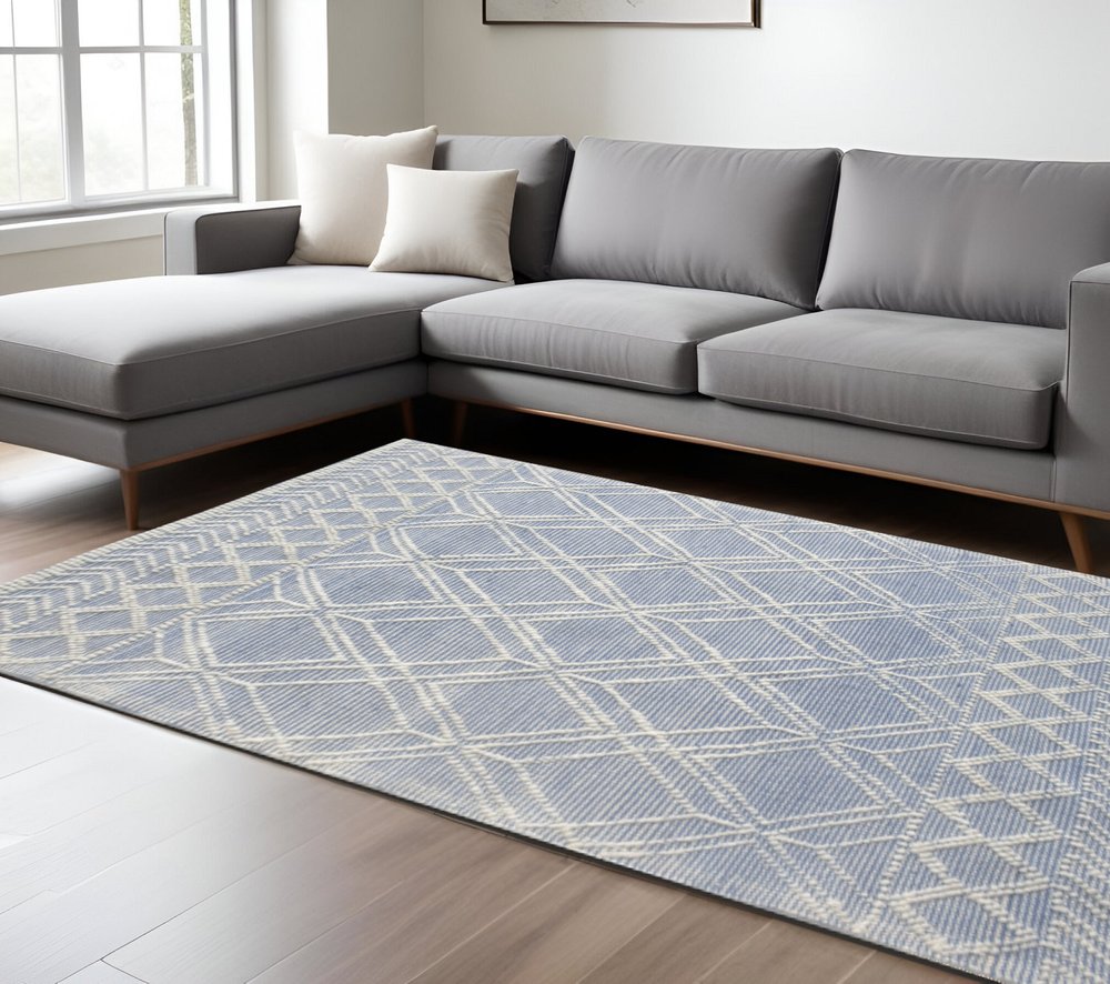 6' X 9' Blue and Ivory Geometric Handmade Area Rug