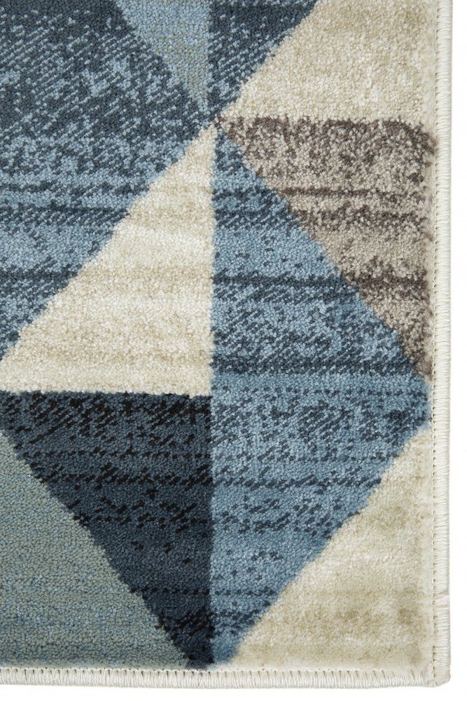 8' Beige Blue And Gray Geometric Runner Rug