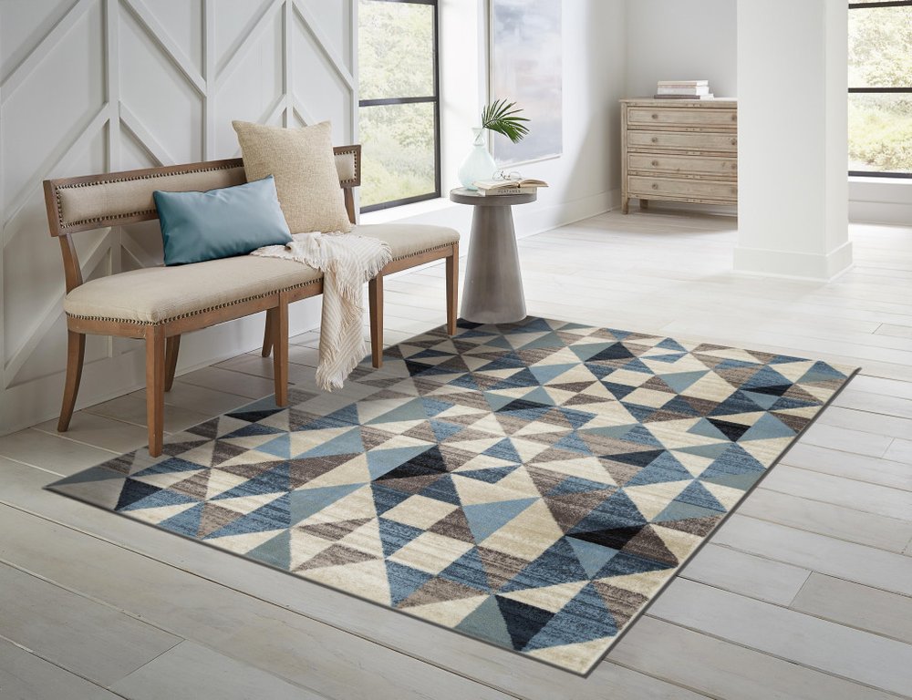 3' X 5' Beige Blue And Gray Geometric Area Rug