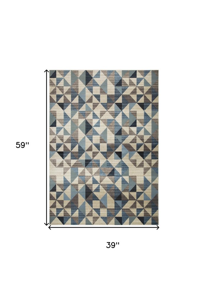 3' X 5' Beige Blue And Gray Geometric Area Rug