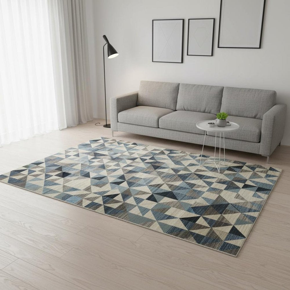 5' X 8' Beige Blue And Gray Geometric Area Rug