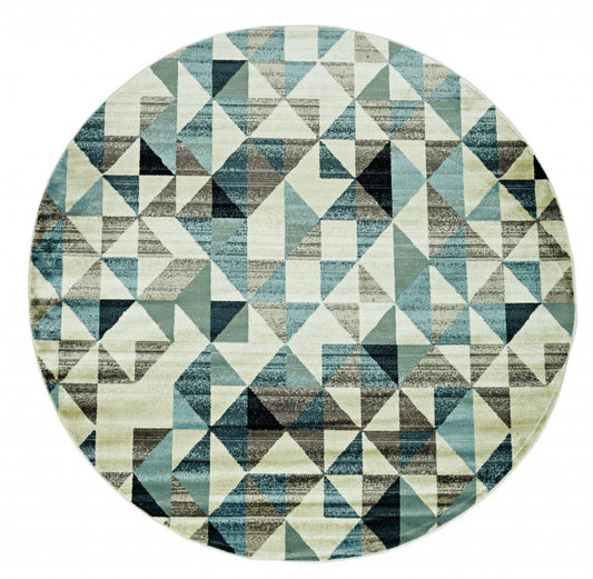 8' Beige Blue And Gray Geometric Round Rug