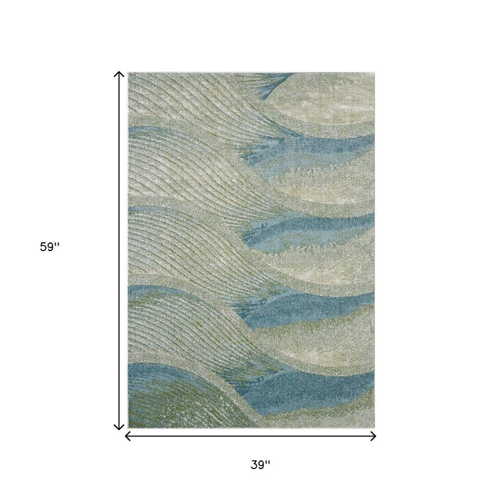 3' X 5' Beige Blue And Sage Abstract Area Rug