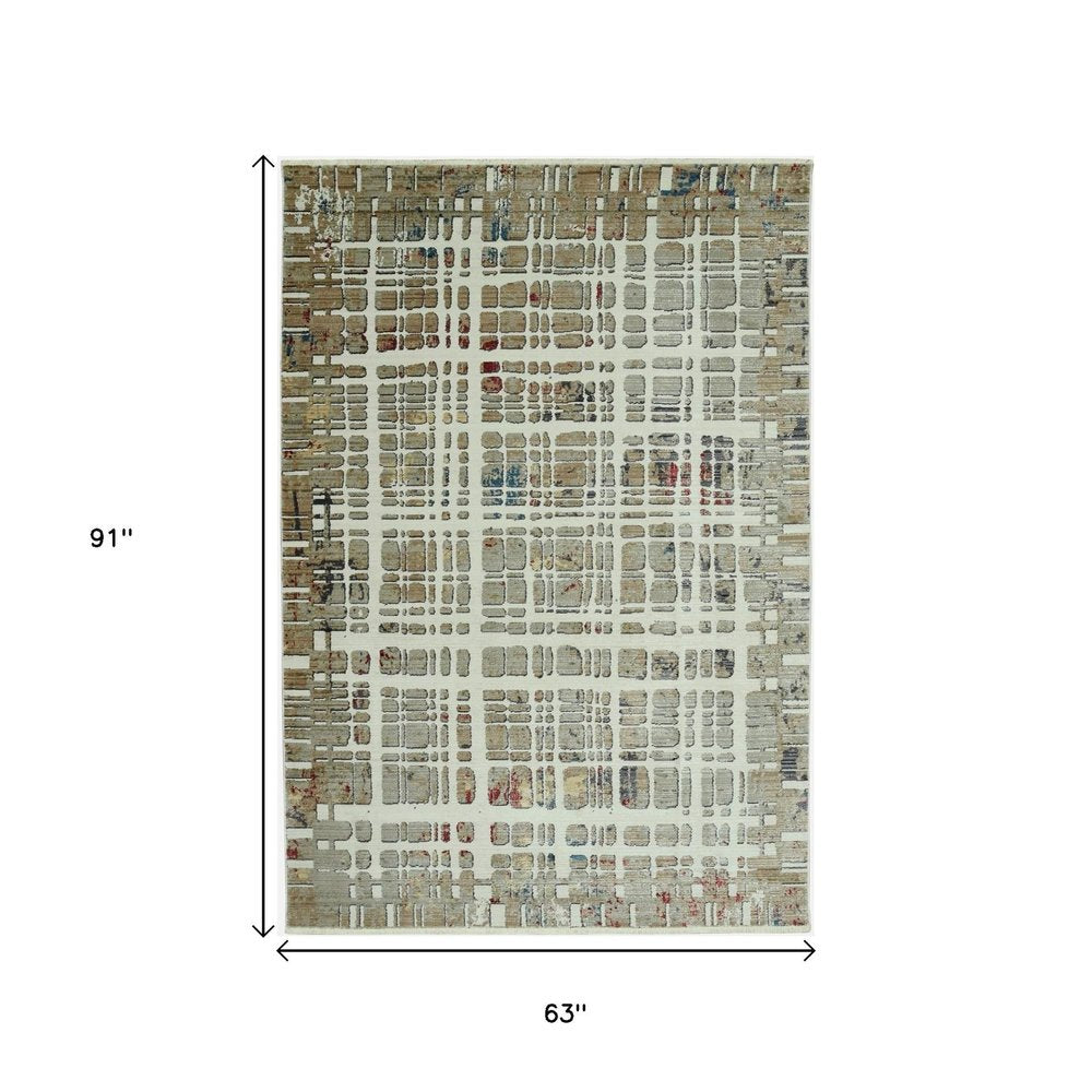 5' X 8' Ivory Red And Blue Abstract Area Rug