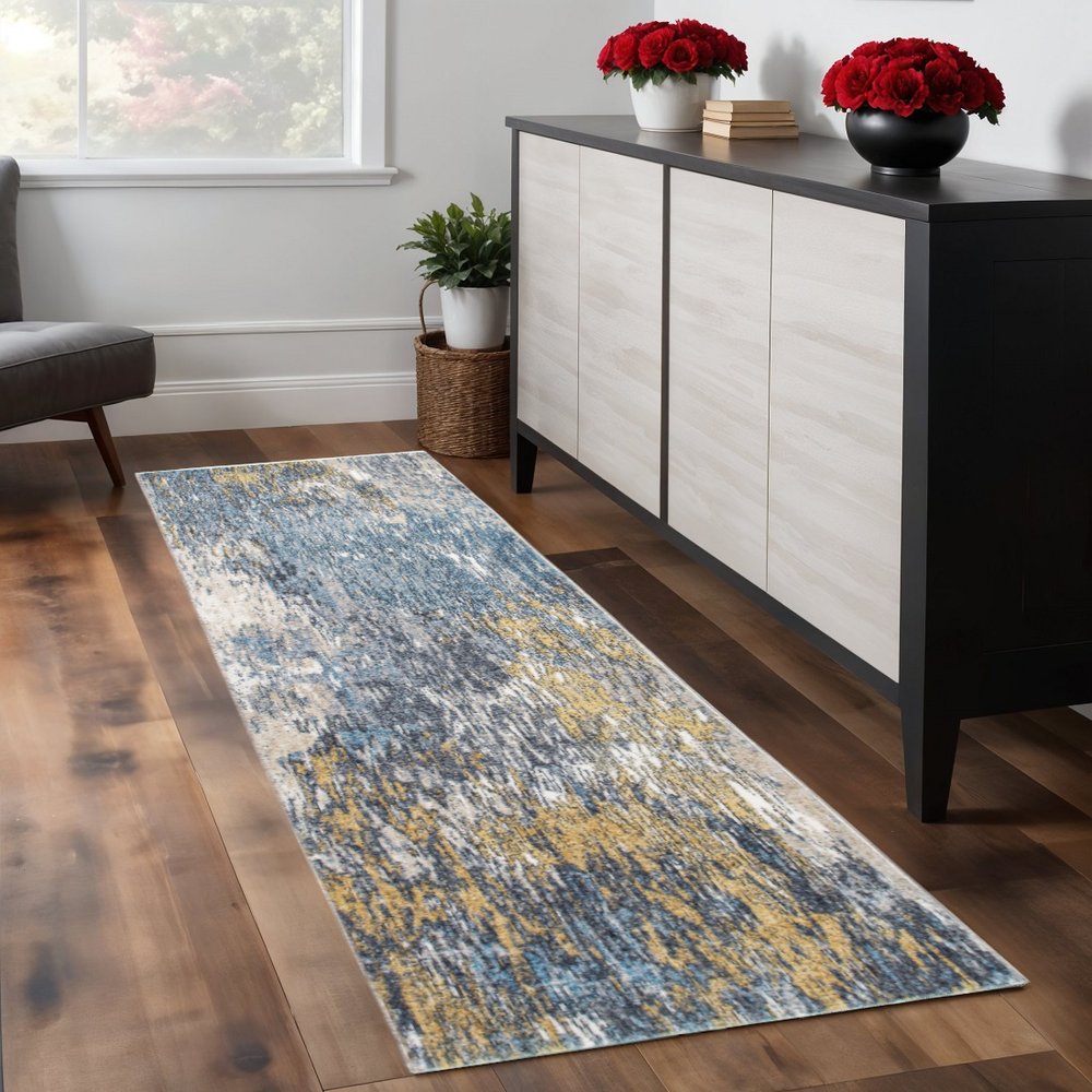 8' Blue And Gold Abstract Runner Rug