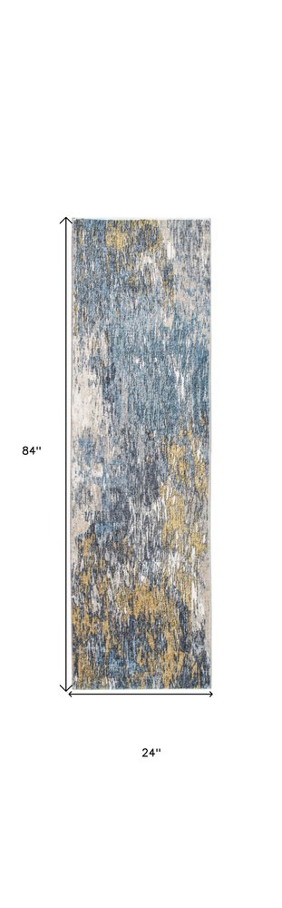 8' Blue And Gold Abstract Runner Rug