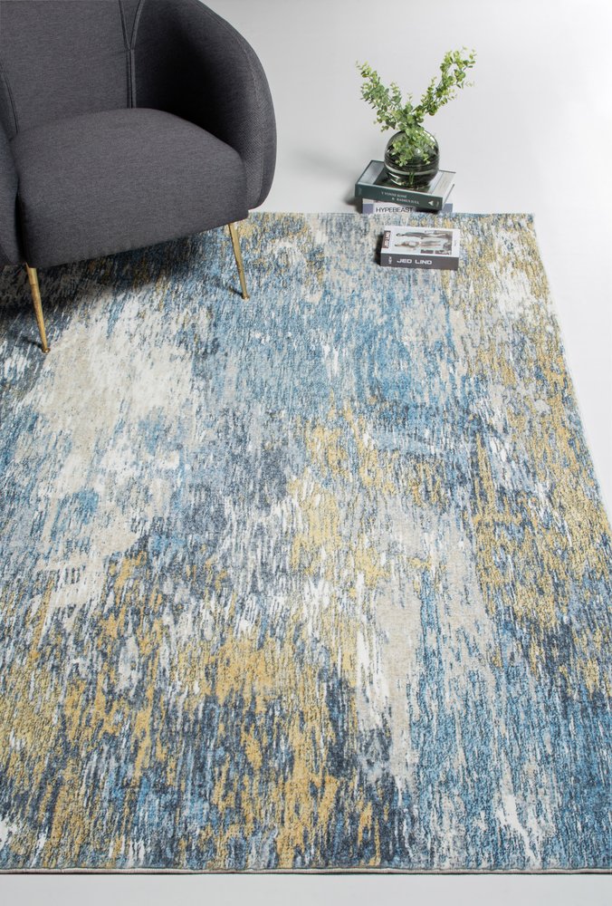 8' Blue And Gold Abstract Runner Rug