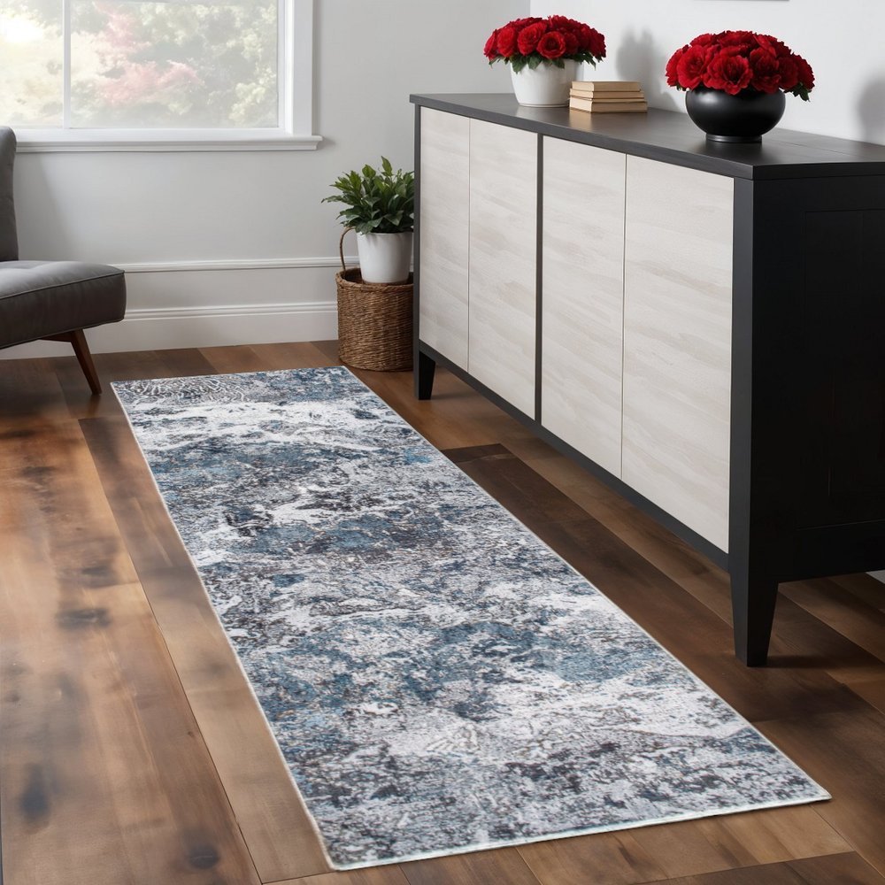 8' Blue And Gray Abstract Runner Rug
