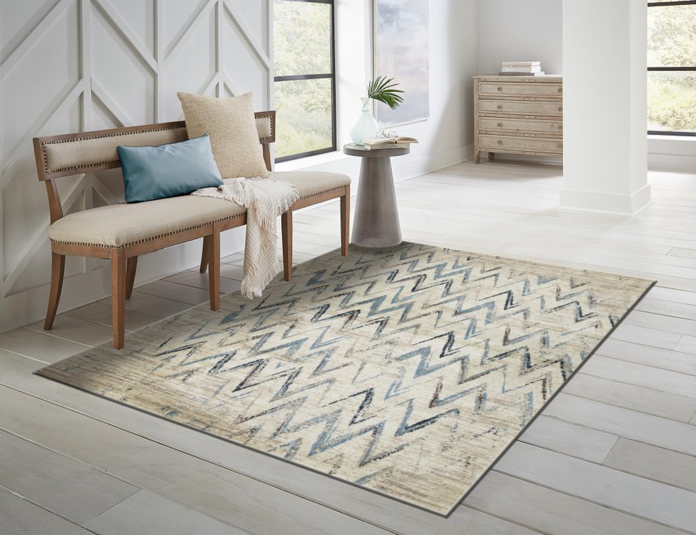 3' X 5' Ivory And Blue Chevron Area Rug